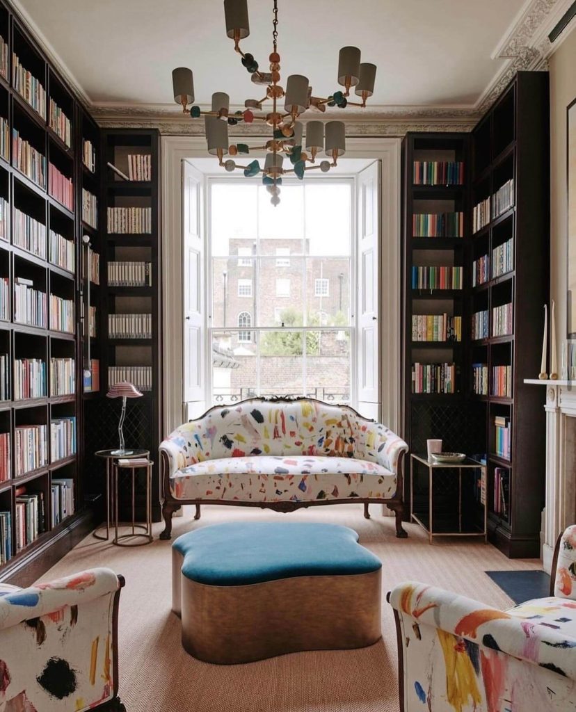 Eclectic Library with Patterned Seating