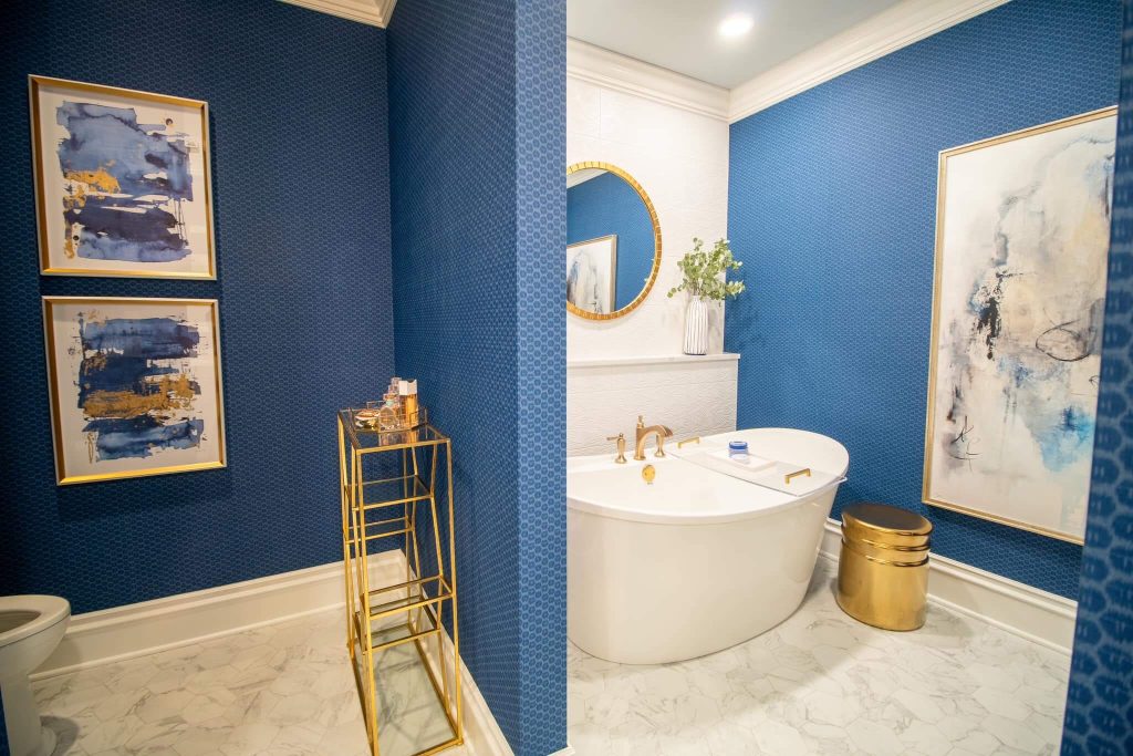 Elegant Blue and Gold Bathroom with Textured Walls-1