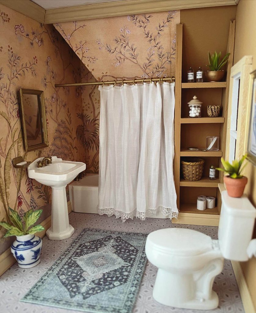 Tiny Boho Bathroom with Playful Wallpaper