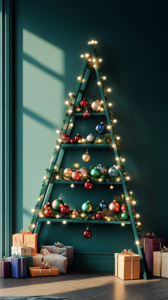 A-Frame Ladder with Colorful Ornaments and String Lights