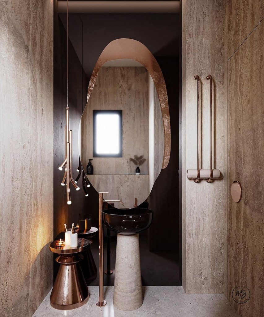 Artistic Guest Bathroom with Abstract Mirror