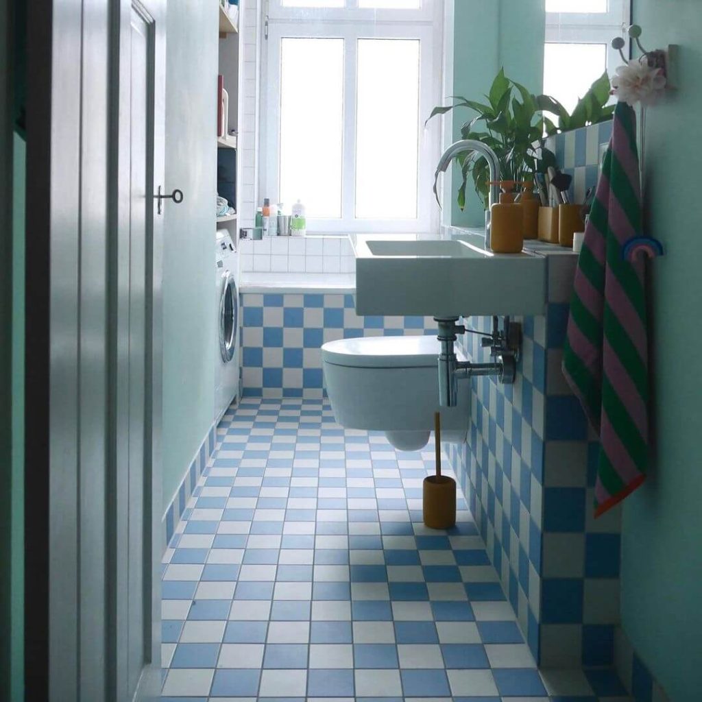 Blue and White Checkered Small Bathroom