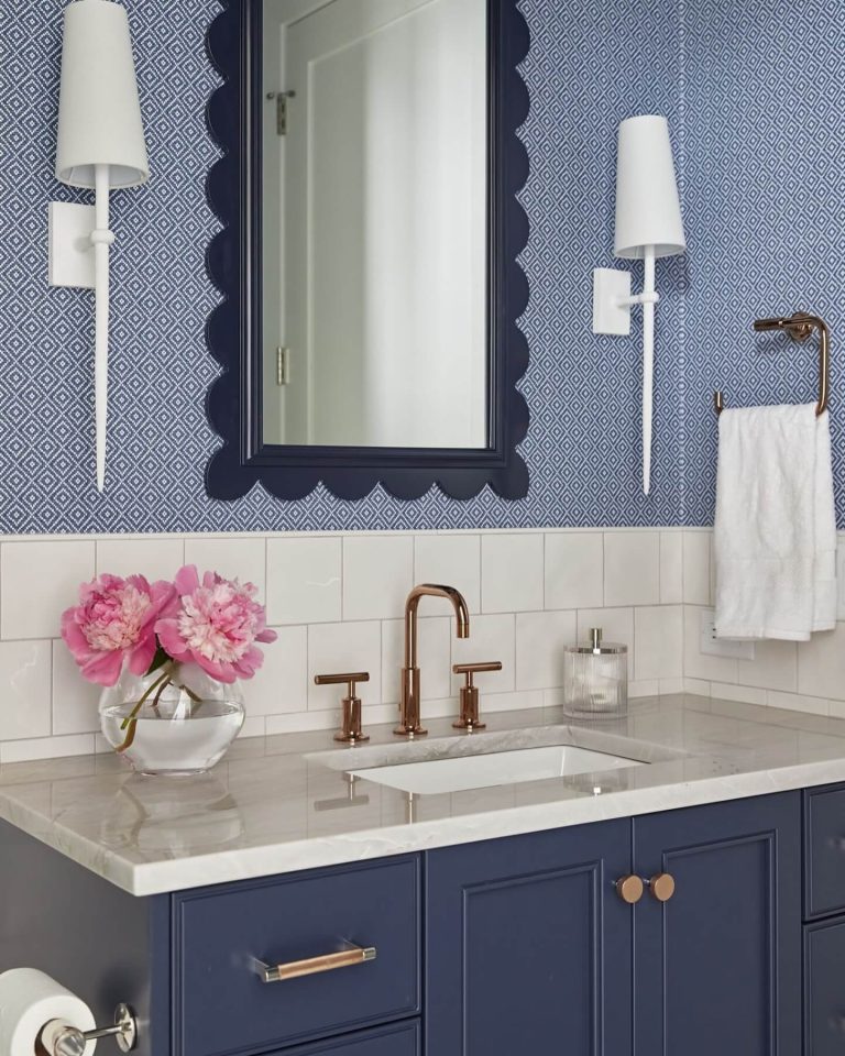 Bold Blue Vanity with Patterned Wallpaper