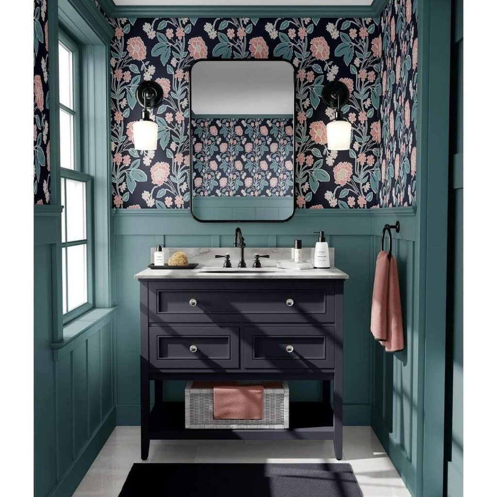 Bold Floral Wallpaper Paired with Dark Green Wainscoting