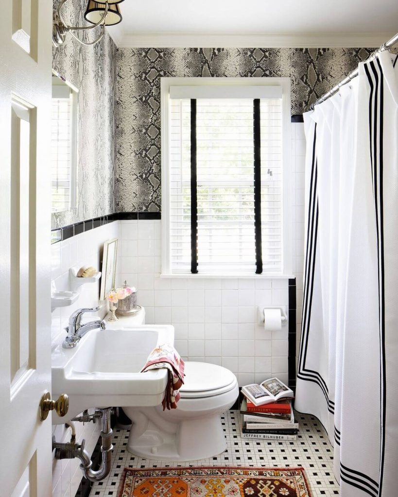 Bold Monochrome Small Bathroom with Patterned Floor