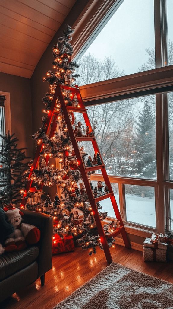 Bold Red Ladder with Miniature Village Decor