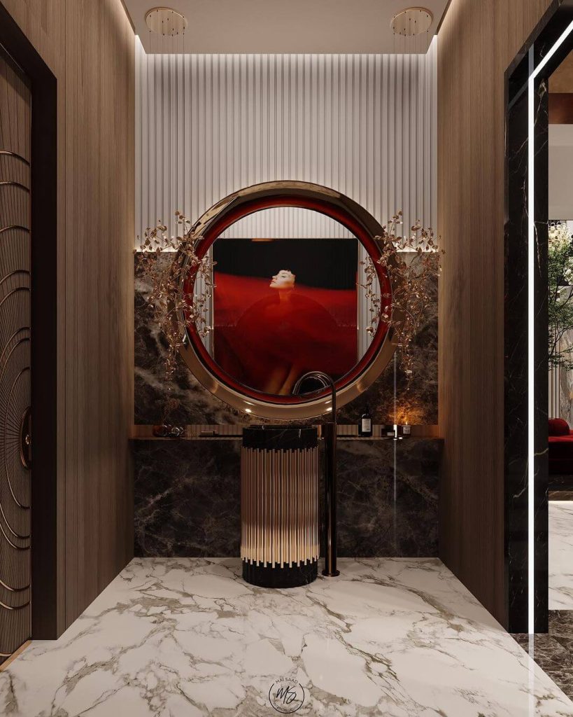 Bold and Artistic Guest Bathroom with Circular Mirror