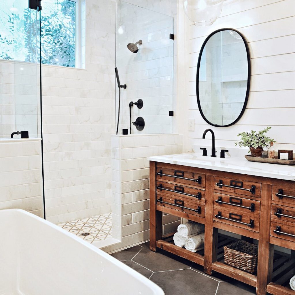 Bright Rustic Bathroom with Natural Wood and Shiplap Walls