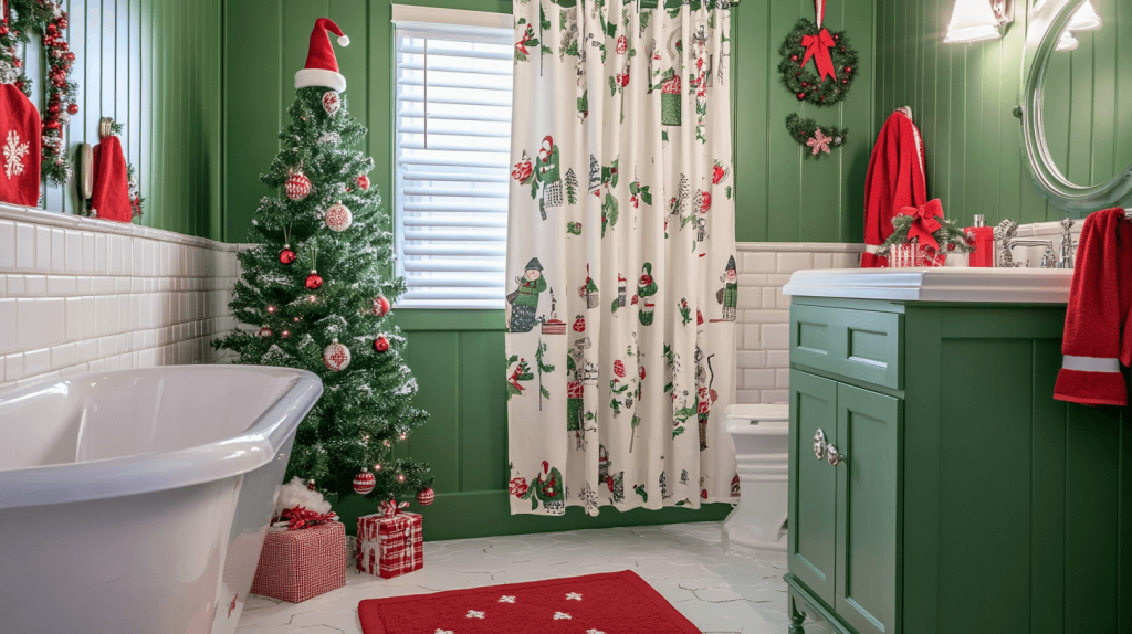 Bright and Cheerful Christmas-Themed Bathroom for Small Spaces