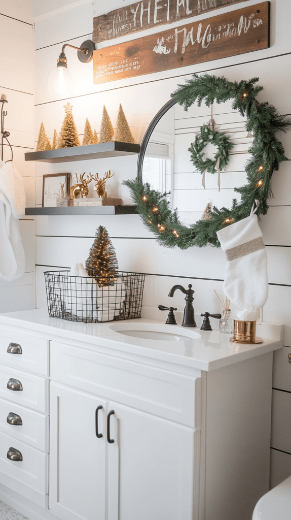 Bright and Cozy Christmas Bathroom with White and Gold Accents