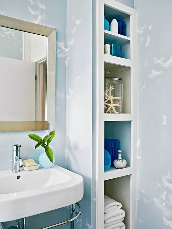 Built-In Bathroom Shelf with Coastal Theme