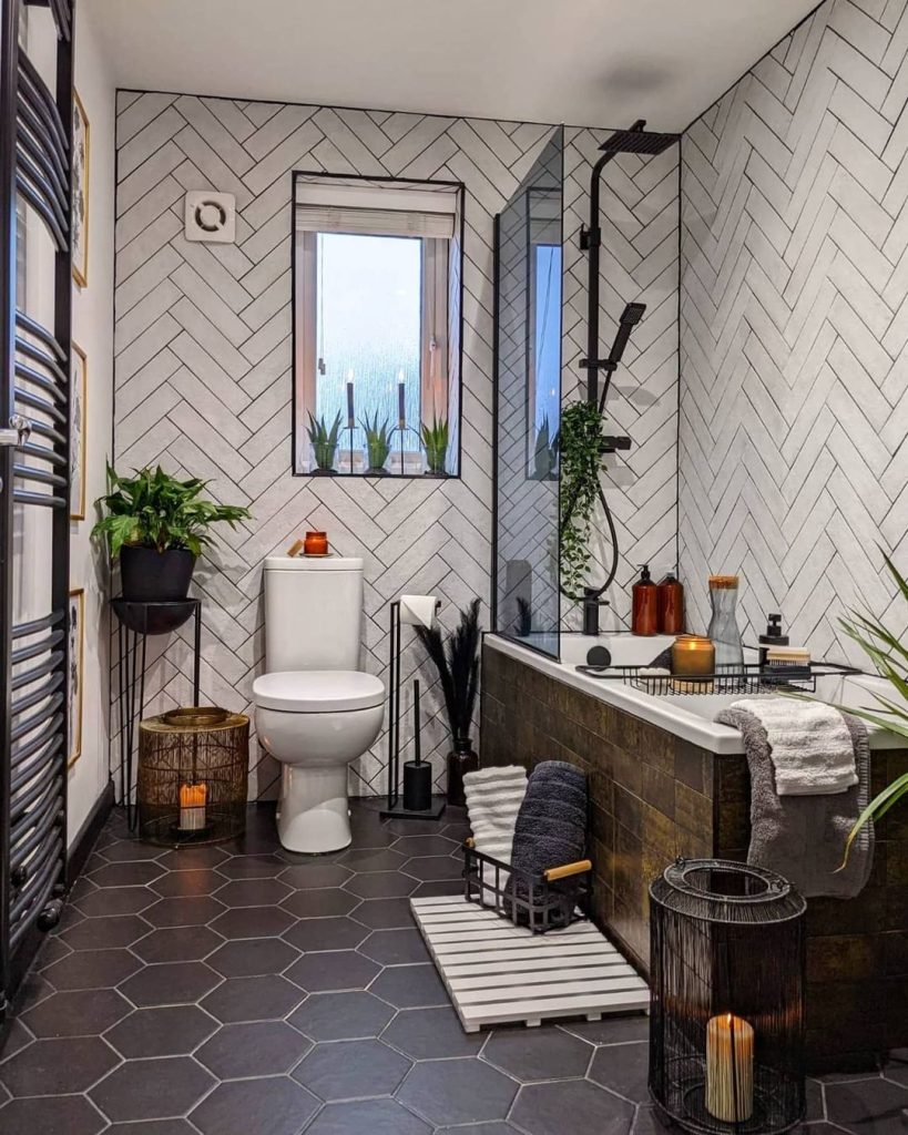 Chevron Tiled Industrial Bathroom with Plants