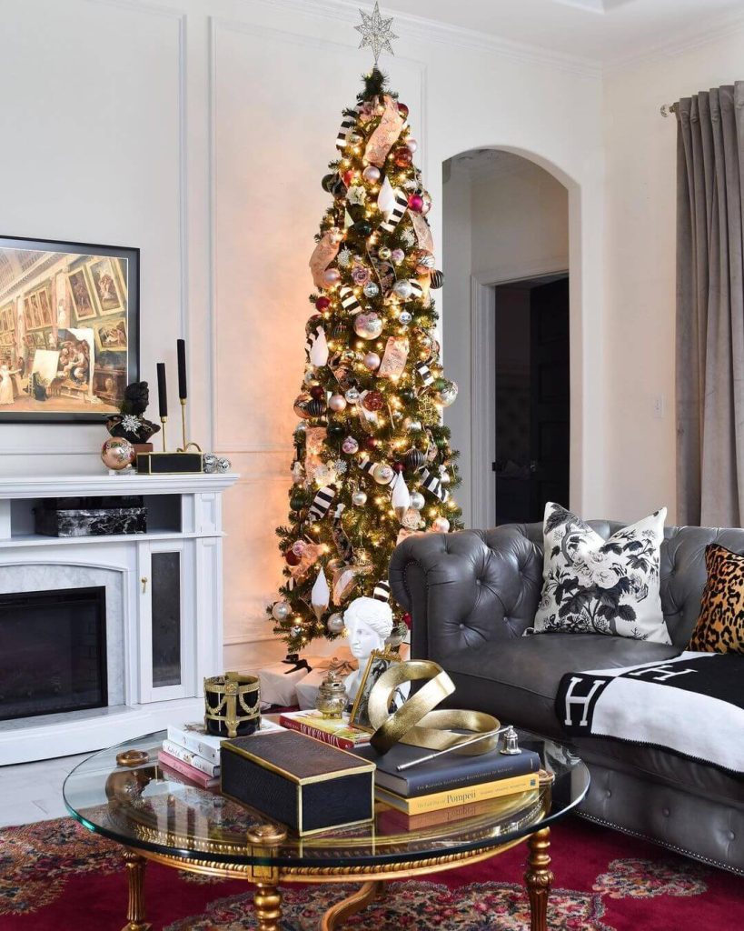 Classic Black, Gold, and White Christmas Living Room