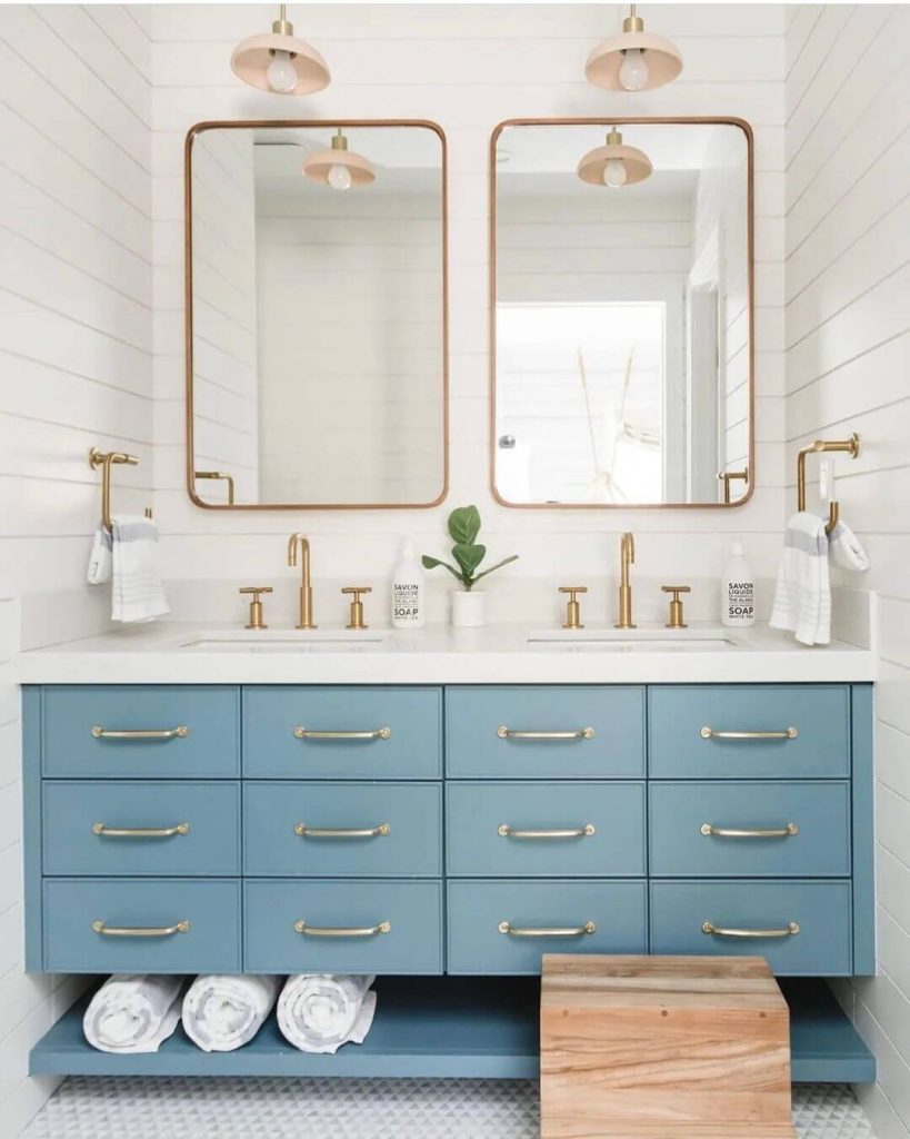 Classic Coastal Blue and Brass Double Vanity