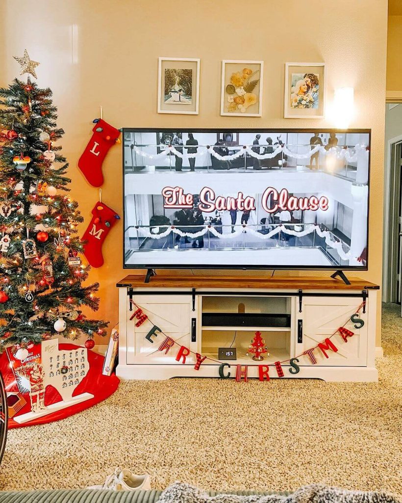 Classic Red and Green Christmas TV Stand Display