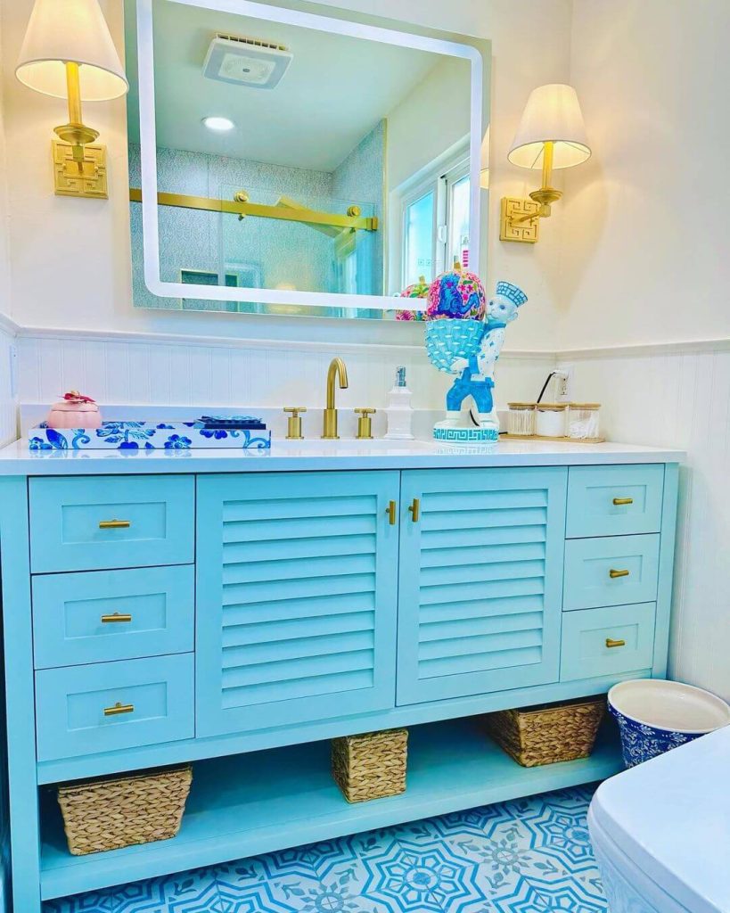 Coastal Blue Vanity with Gold Fixtures