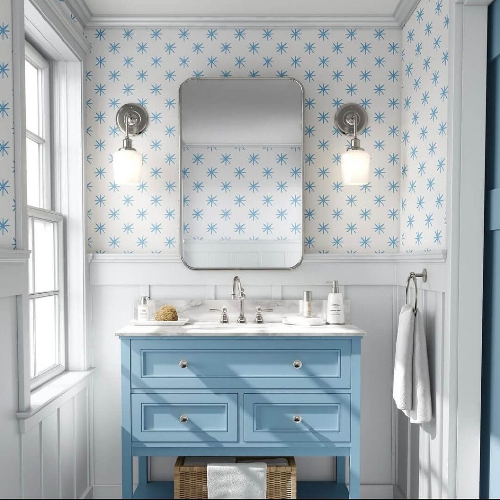 Coastal Patterned Wallpaper and Blue Vanity