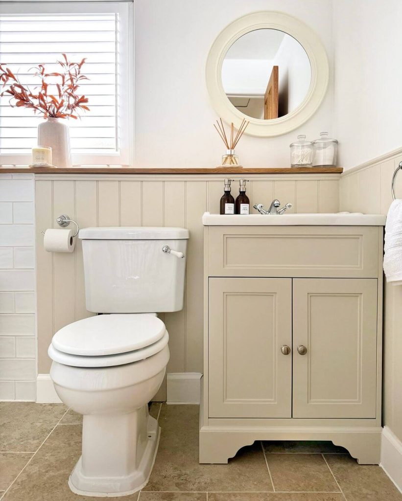 Compact Beige Vanity with Round Mirror