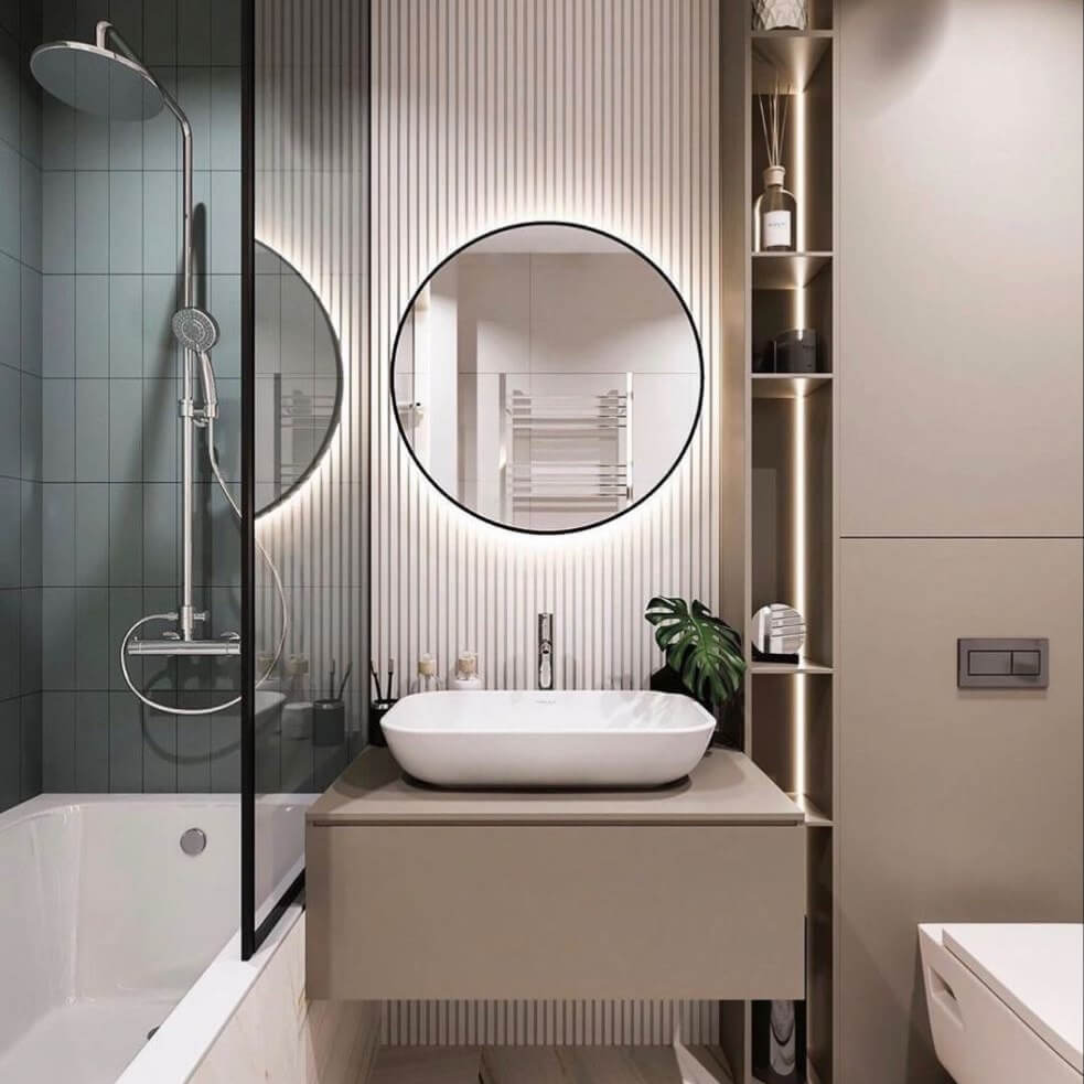 Contemporary Bathroom with Round Mirror and Soft Lighting