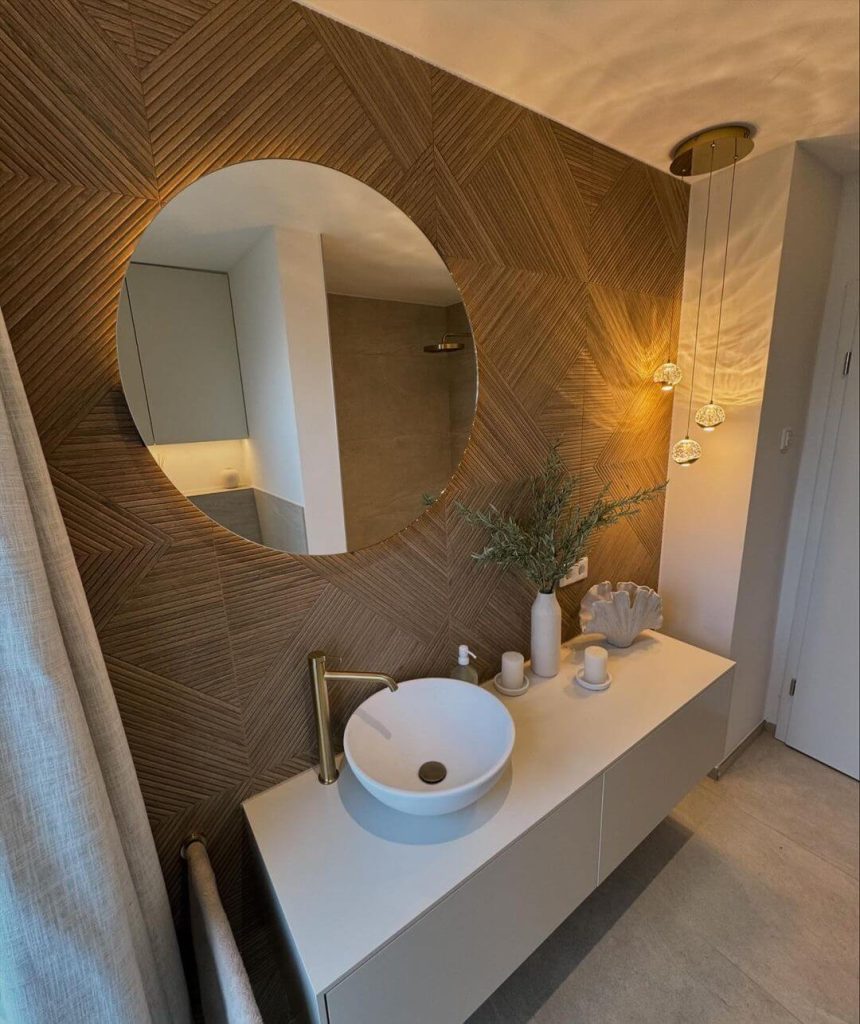 Contemporary Guest Bathroom with Geometric Wood Wall