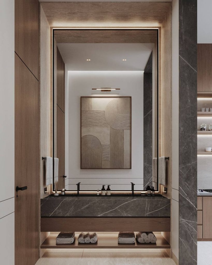 Contemporary Guest Bathroom with Textured Stone Vanity