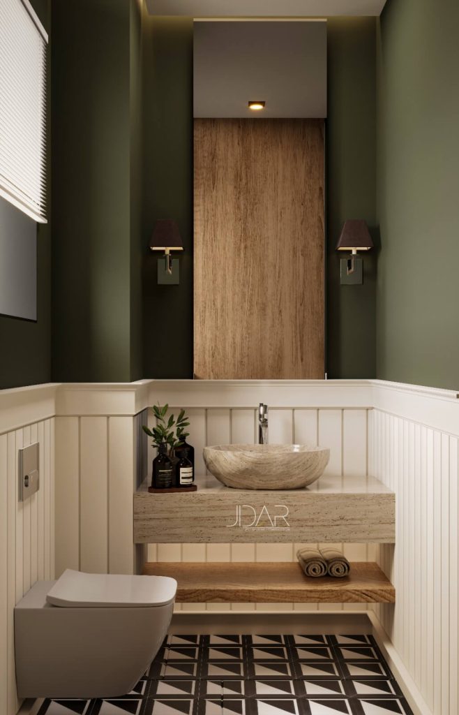 Contemporary White and Green Wainscoting with Natural Stone Sink