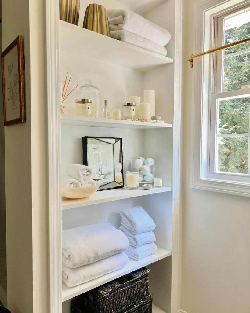 Corner Floating Shelves Above Toilet for Compact Storage