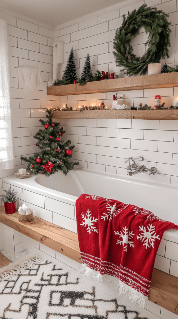 Cozy Christmas Vibes with Rustic Shelves and Red Accents