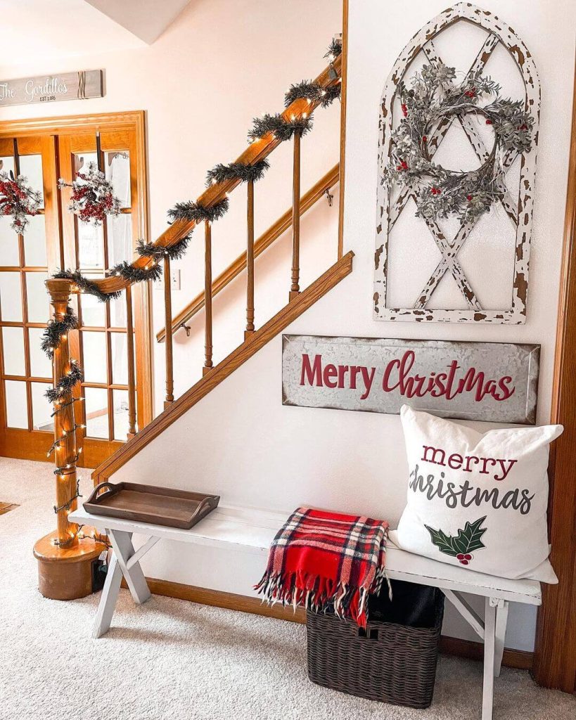 Cozy Farmhouse Christmas Staircase and Bench Decor