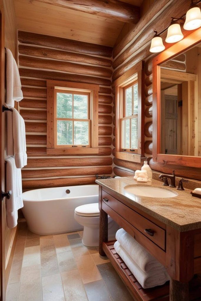 Cozy Log Cabin Bathroom with Warm Wood Tones