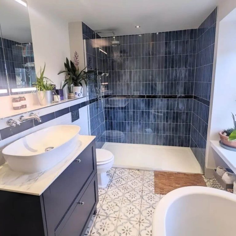 Cozy and Inviting Blue Shower Room with Geometric Tiles