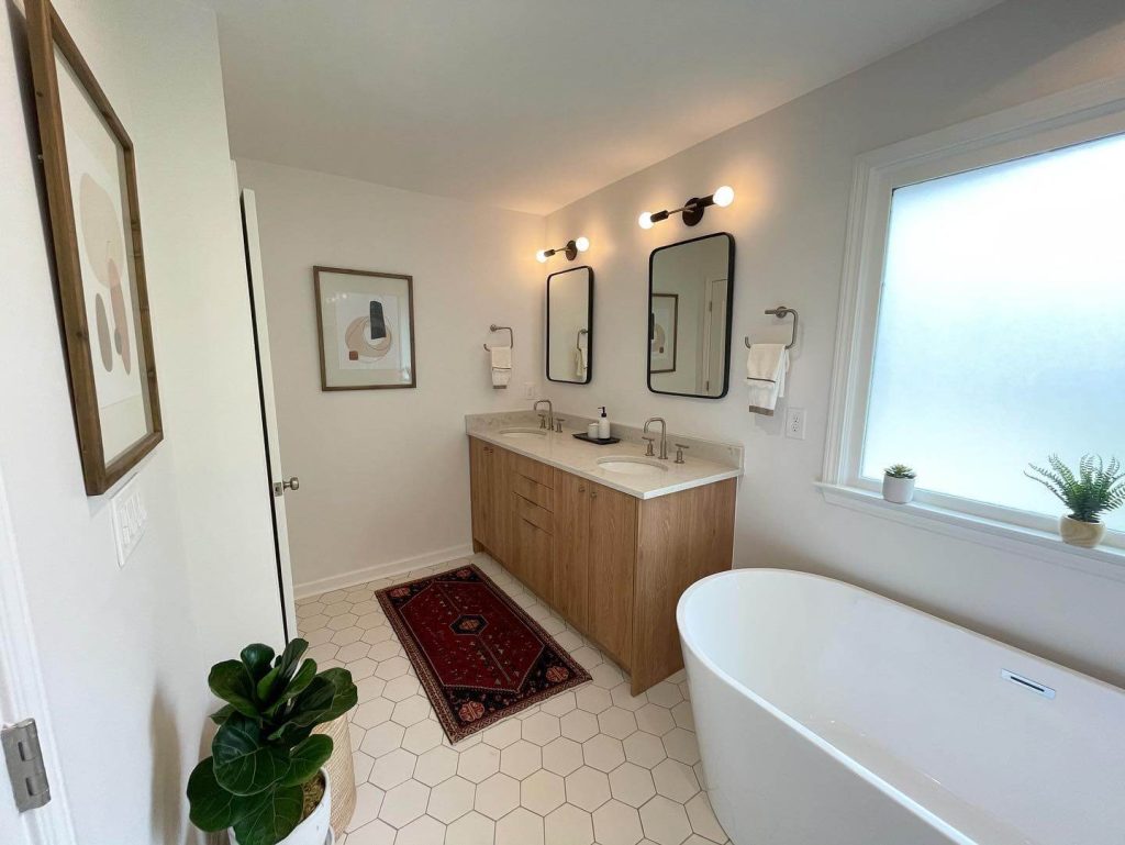 Double Vanity with Hexagonal Tile Floor