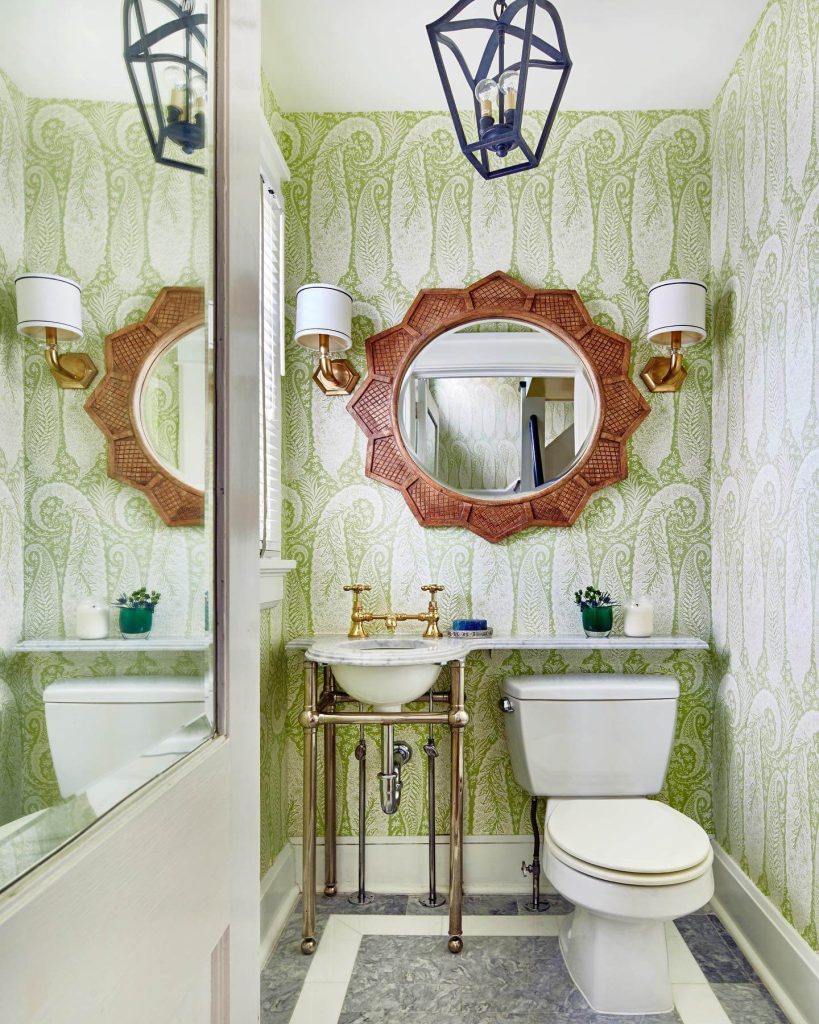 Eclectic Wallpaper and Rattan Mirror Combo