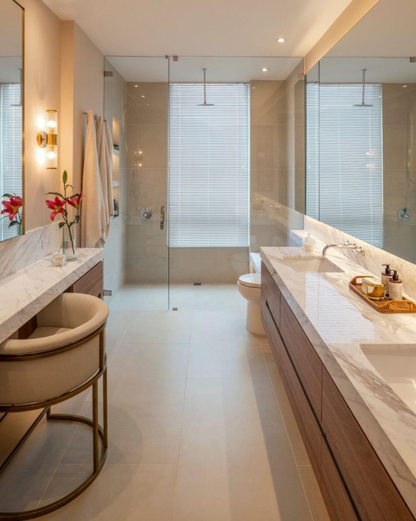 Elegant Double Vanity Bathroom with Seating Area