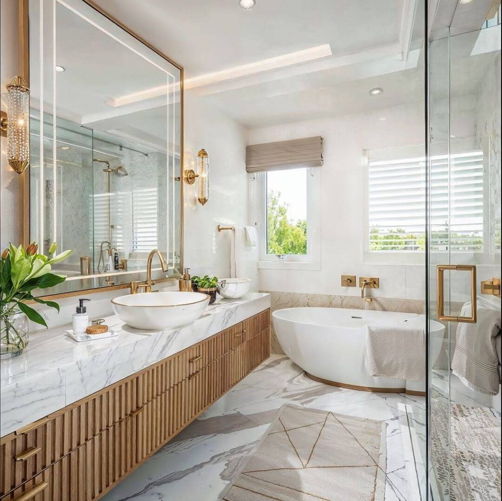 Elegant Guest Bathroom with Freestanding Tub and Gold Accents