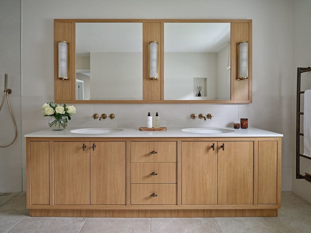 Elegant Oak Double Vanity with Brass Accents