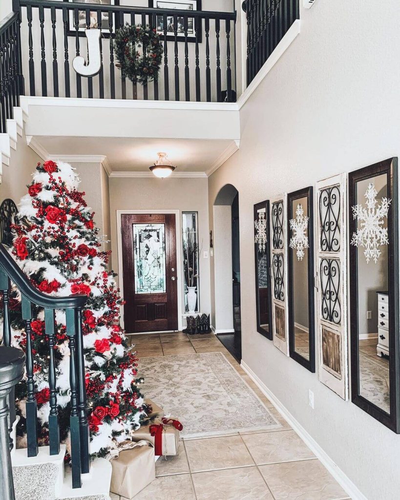 Elegant Red and White Christmas Staircase