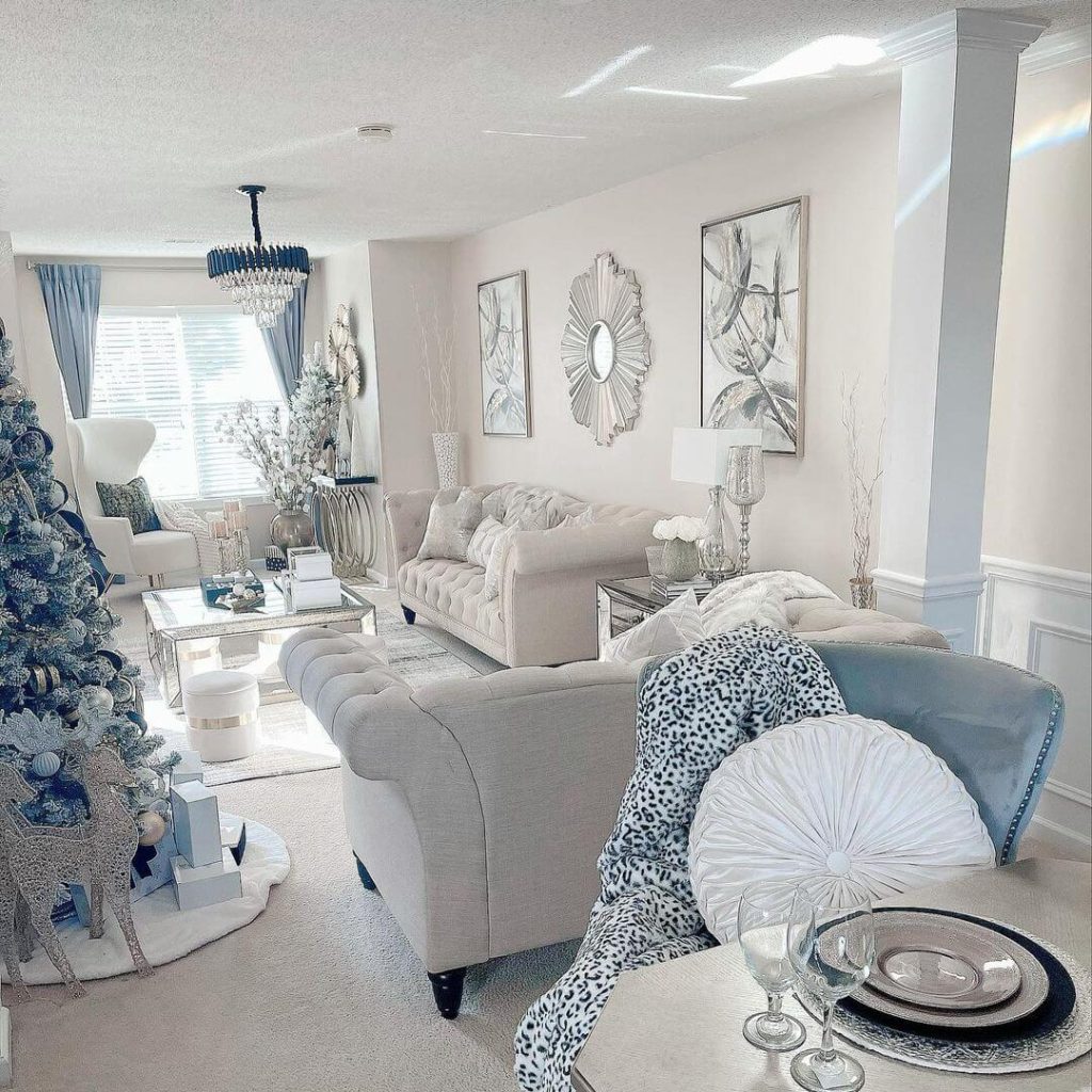 Elegant White and Silver Christmas Living Room