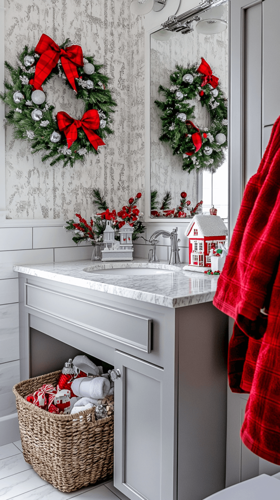 Festive Elegance with Red Bows and Silver Ornaments