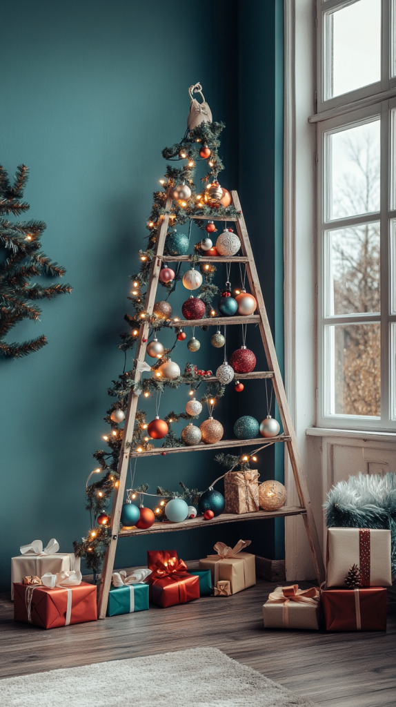 Festive Ladder Tree with Hanging Baubles and Wrapped Gifts