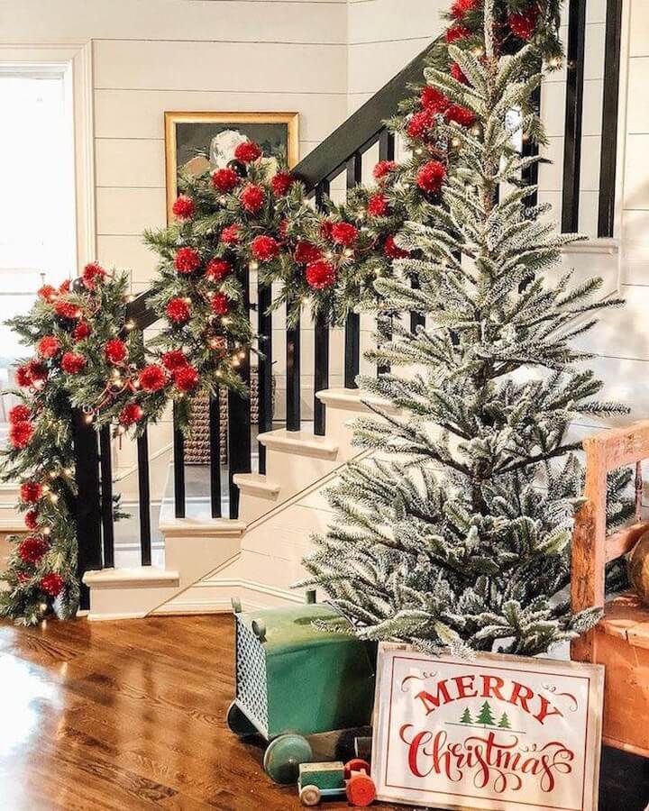 Festive Staircase with Red and Green Accents