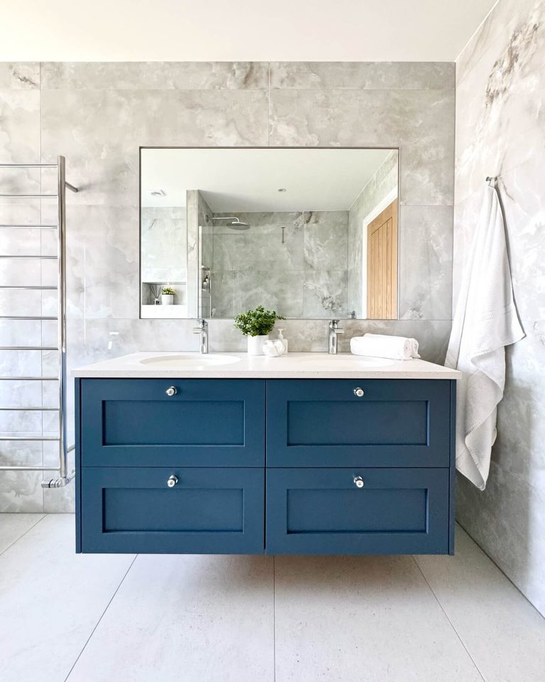 Floating Blue Vanity in a Minimalist Setting