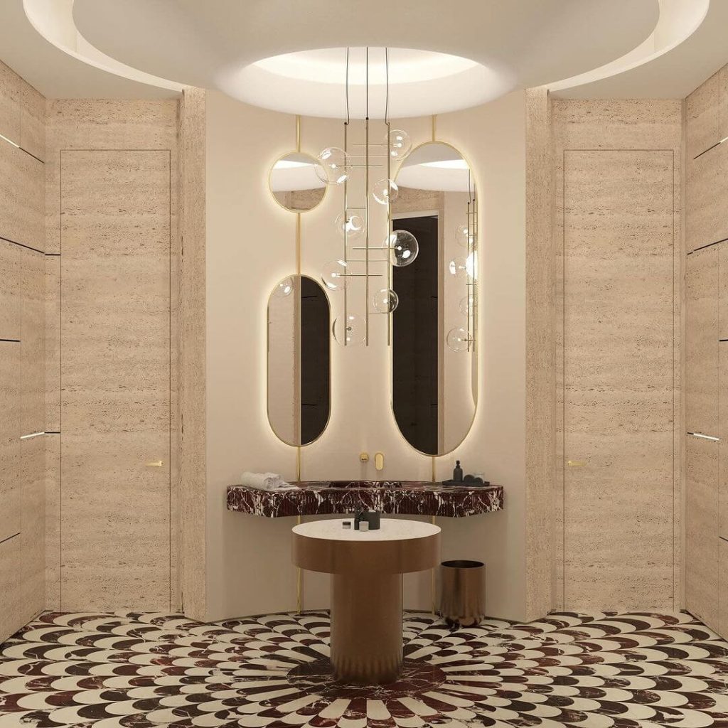 Grand Guest Bathroom with Marble Accents and Statement Lighting