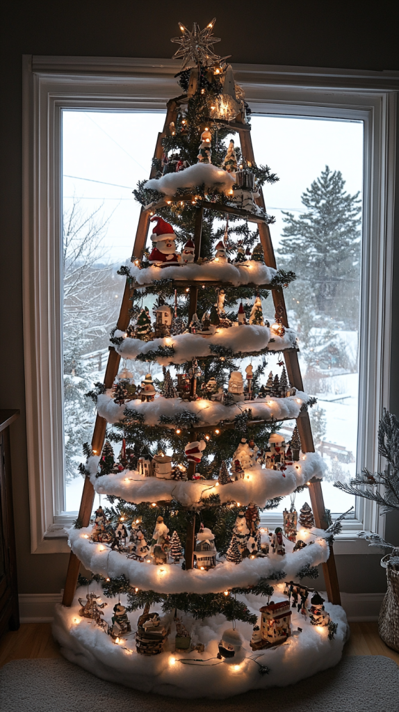 Grand Ladder Christmas Tree with Multiple Tiers of Snowy Decor