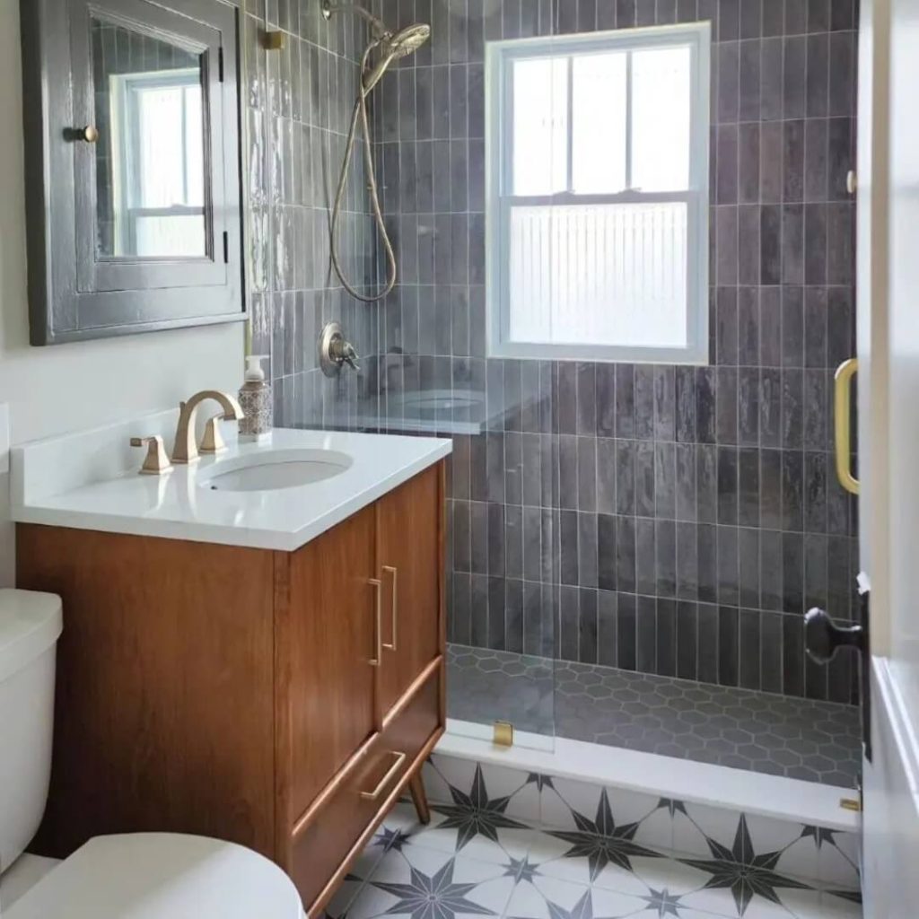 Grey and Wood Accents in a Compact Bathroom