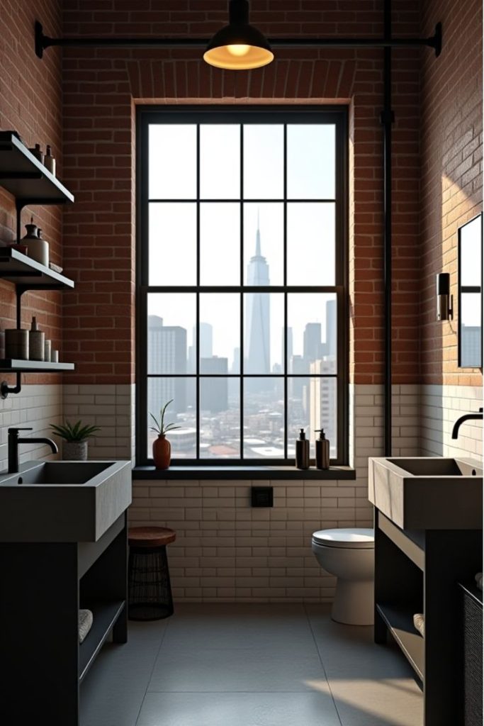 Industrial Bathroom with City View