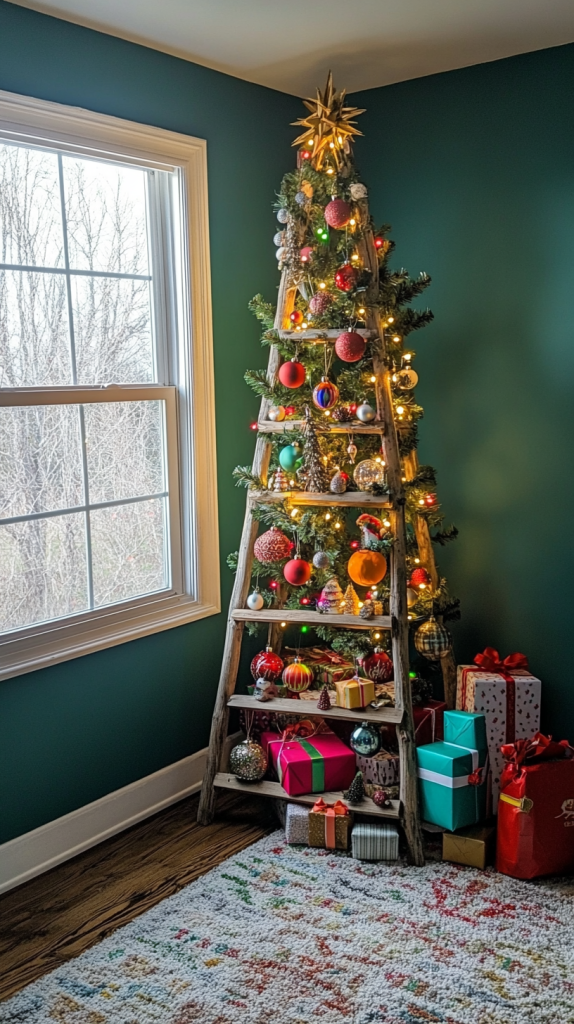 Ladder Christmas Tree with Classic Red and Gold Decorations