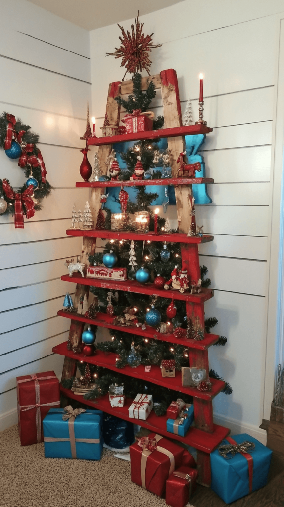 Ladder Tree with Red and Blue Candles and Ornaments