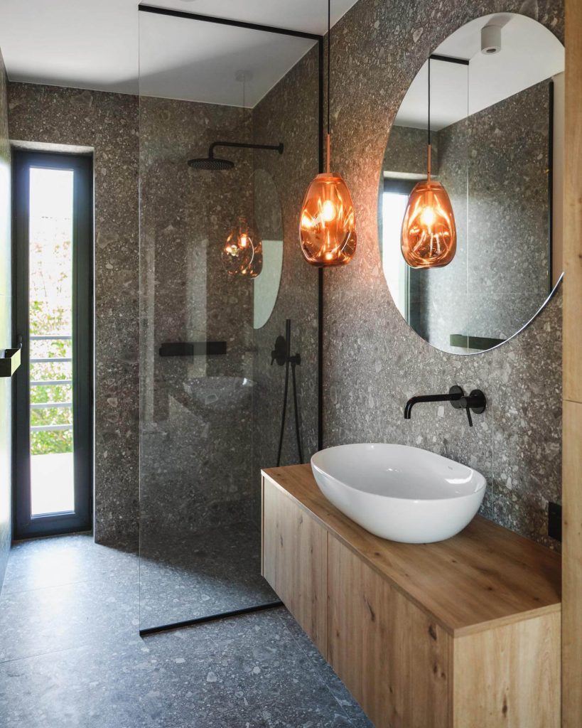 Light Grey Bathroom with Open Shelving