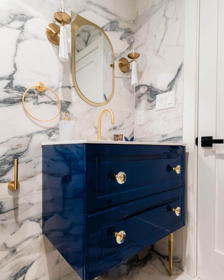 Luxe Blue Vanity with Gold Accents